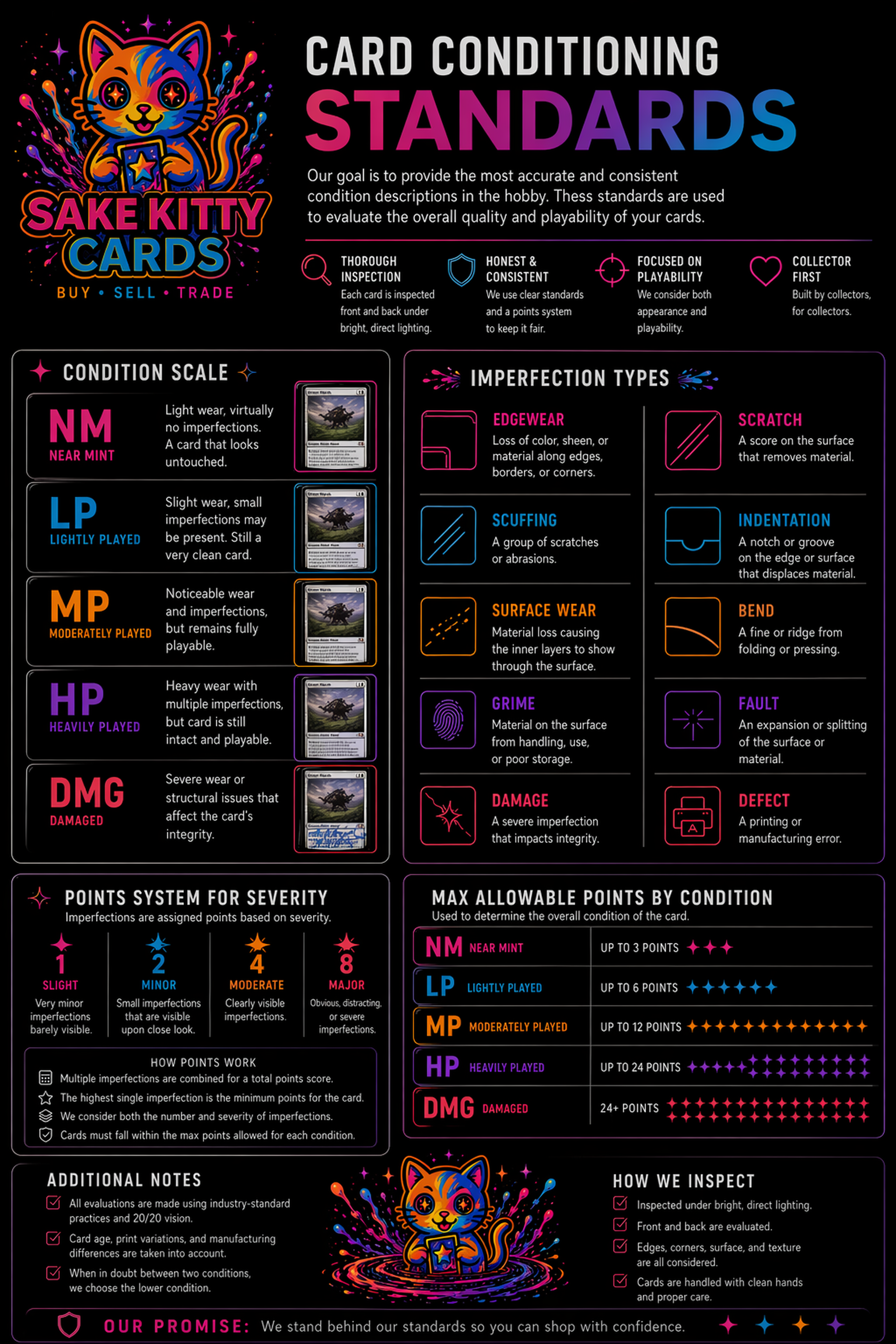 Sake Kitty Cards conditioning standards — NM through DMG, imperfection types, points system