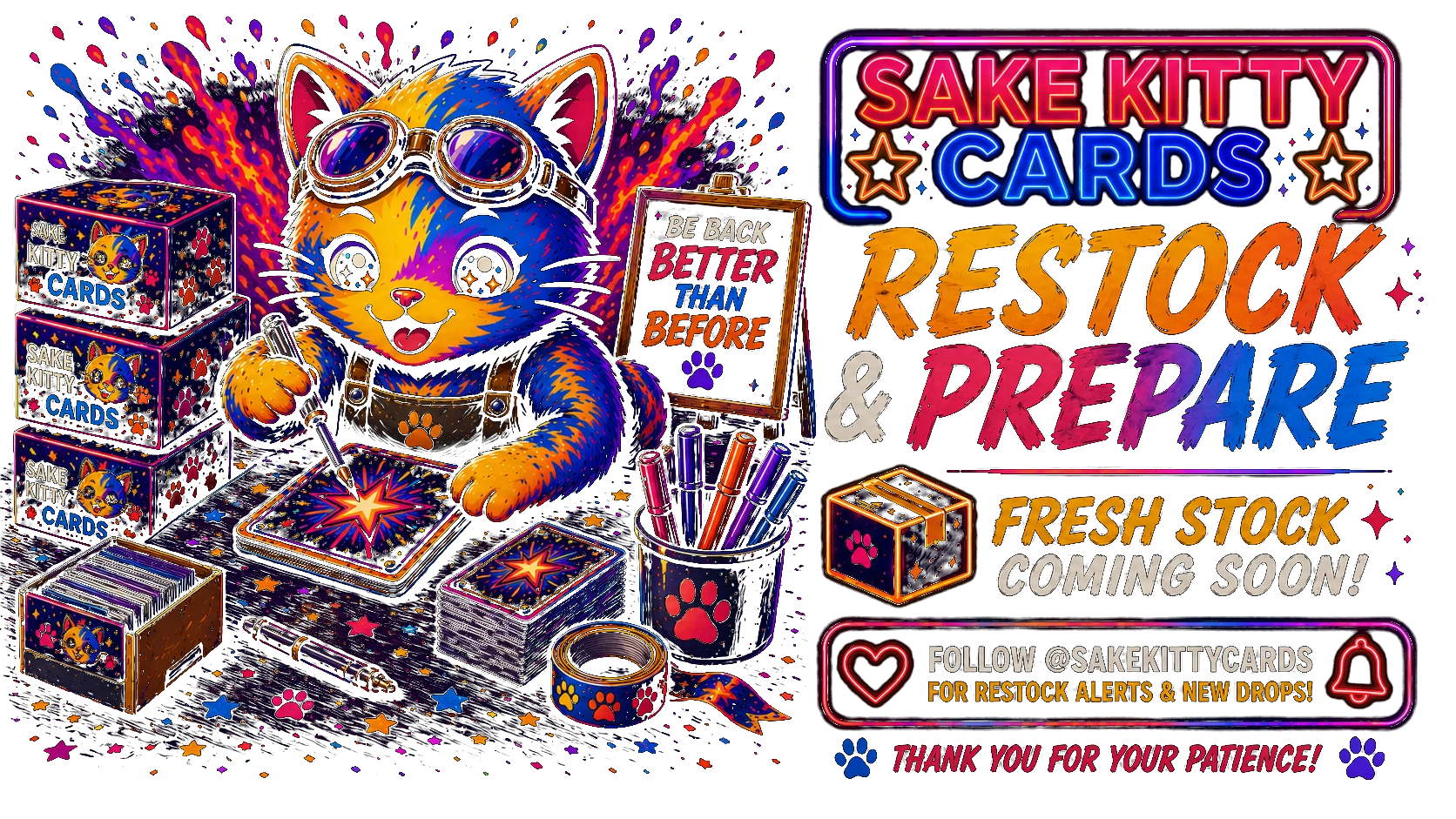Sake Kitty Cards is restocking cards — fresh stock coming soon. Follow @sakekittycards for restock alerts and new drops.